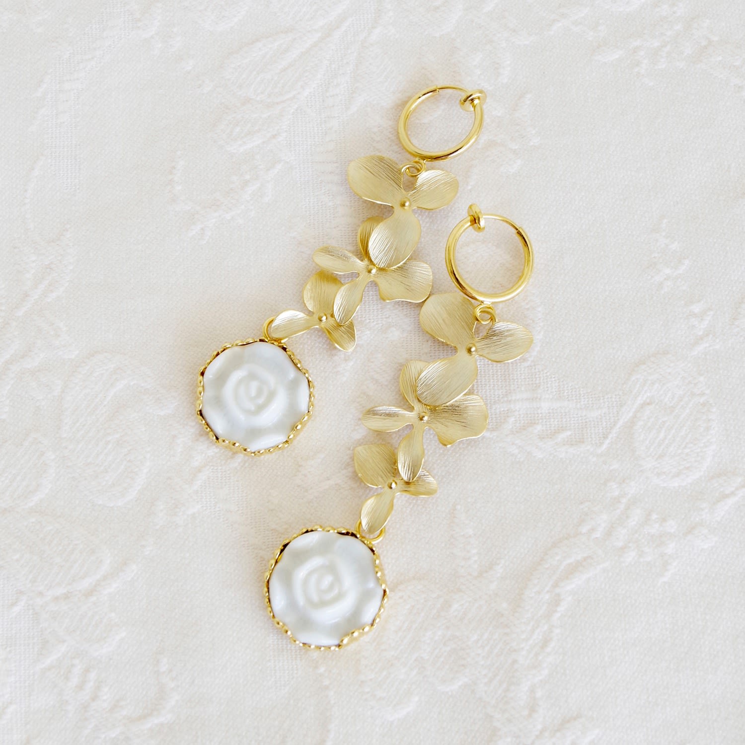 Porcelain Moonlight Rose And Triple Leaves Clip-On Earrings