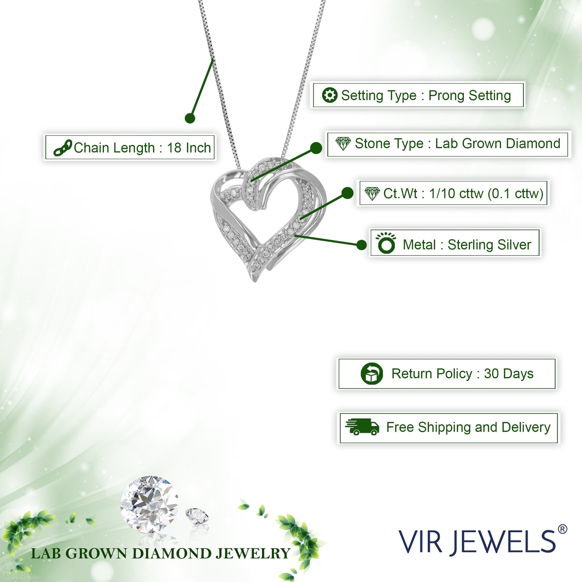 1/10 cttw Lab Grown Round Diamond Heart Pendant Necklace .925 Sterling Silver 2/3 Inch With 18 Inch Chain