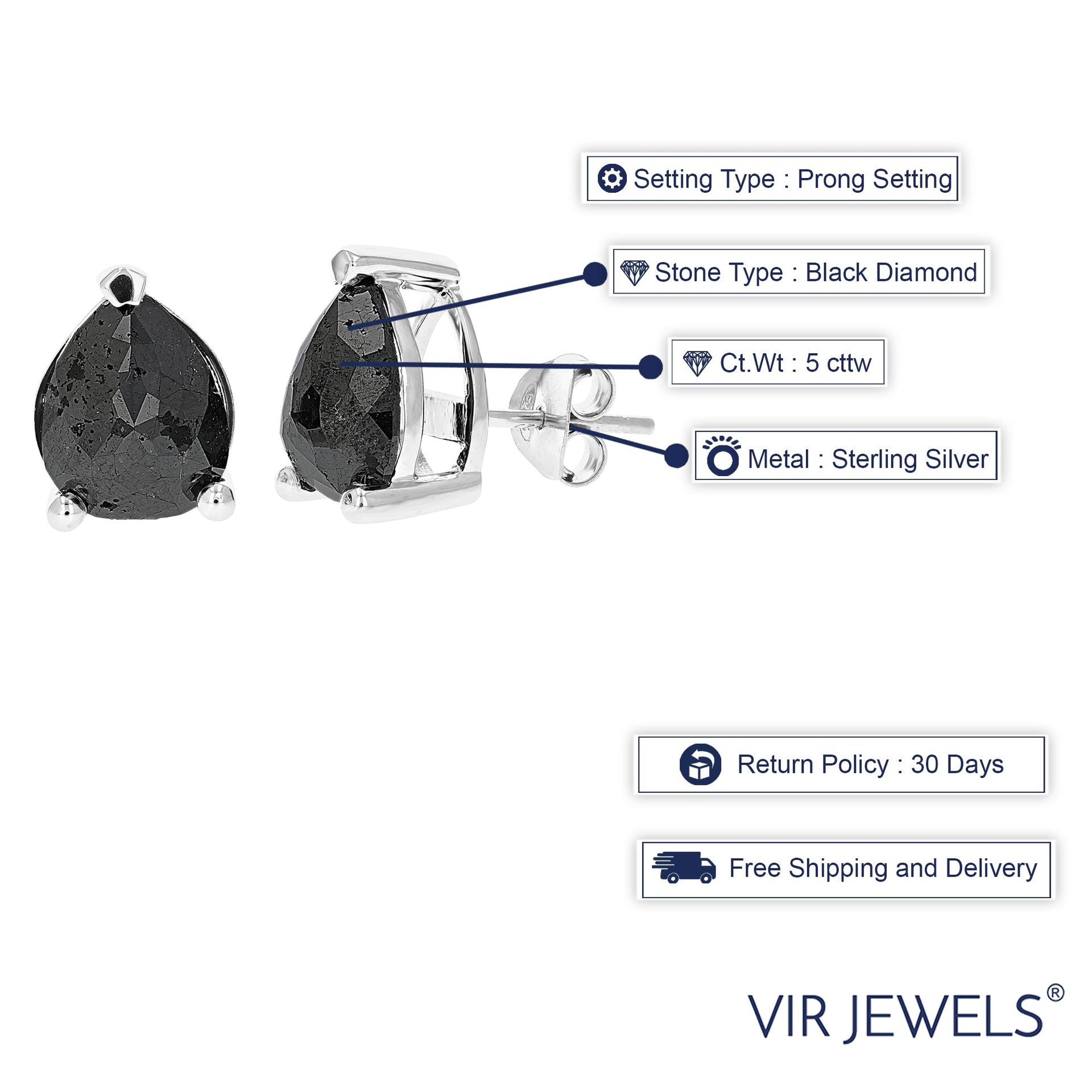 5 cttw Pear Shape Black Diamond Stud Earrings .925 Sterling Silver Prong Set