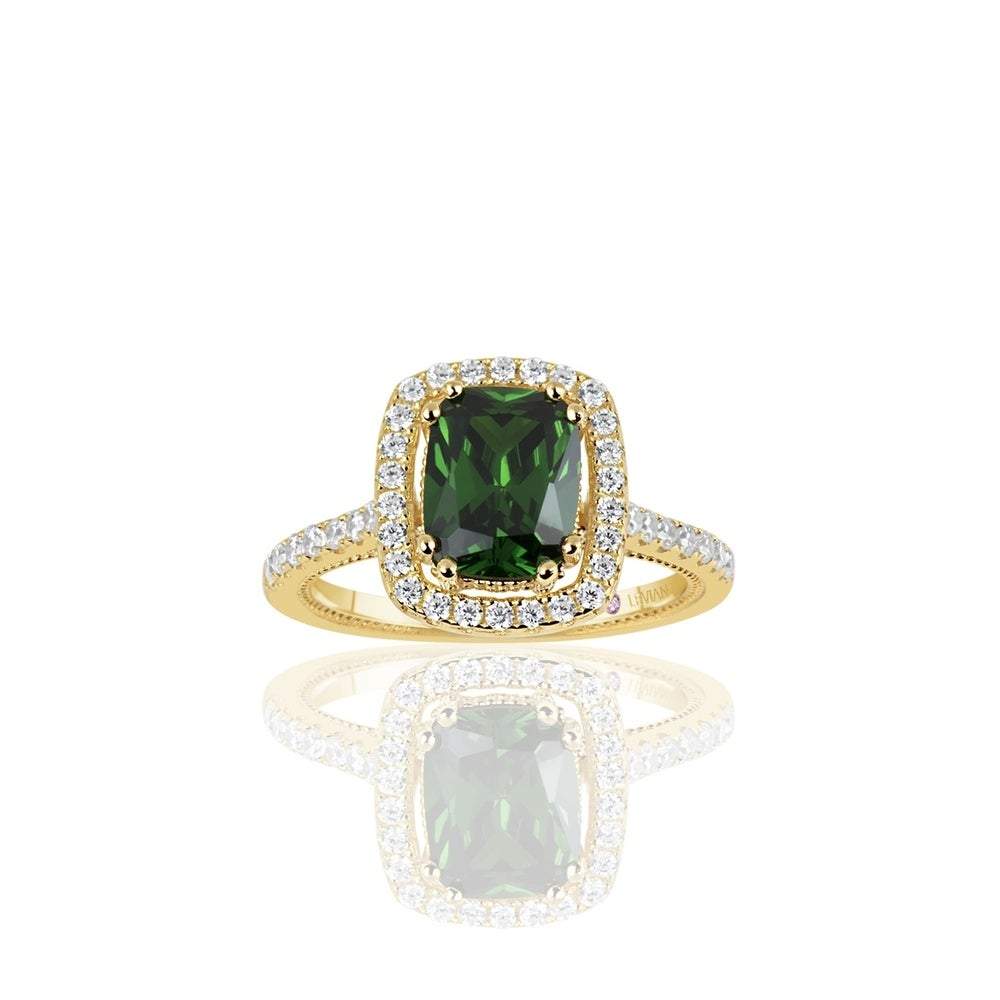 Suzy Levian Golden Sterling Silver Elongated Cushion Cut Green Cubic Zirconia Solitaire Engagement Ring