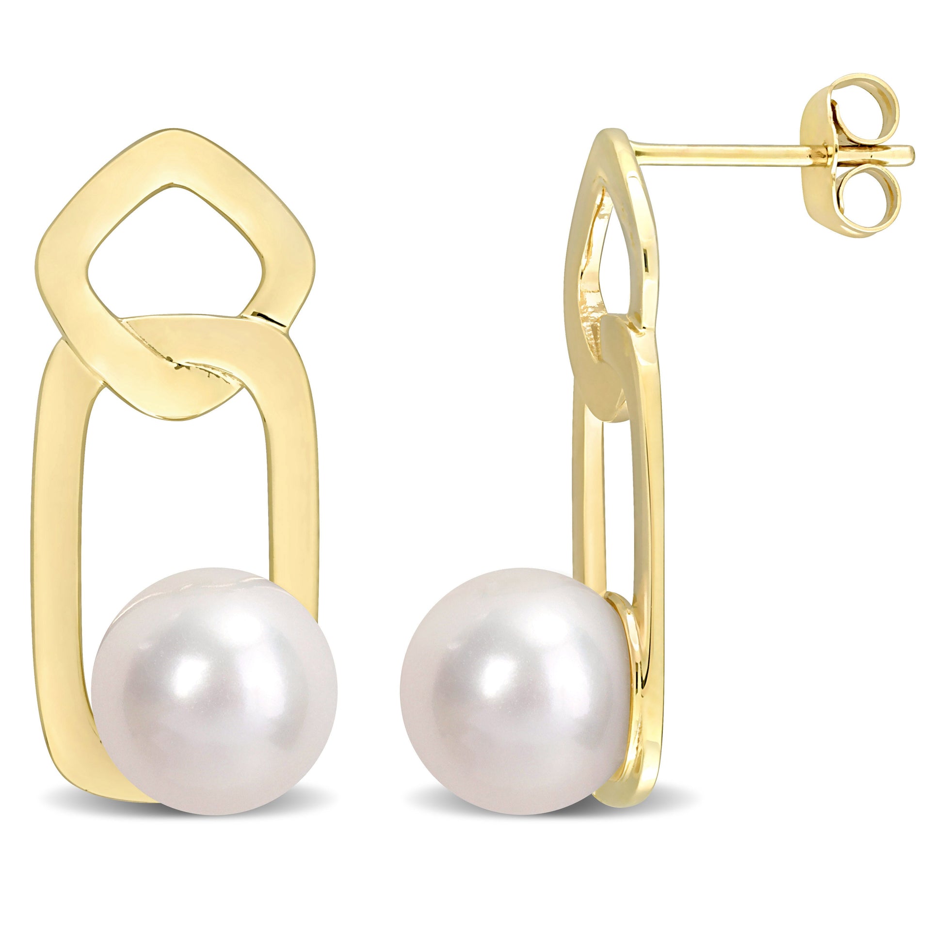 8.5-9mm Cultured Freshwater Pearl Interlocked Drop Stud Earrings in 10k Yellow Gold