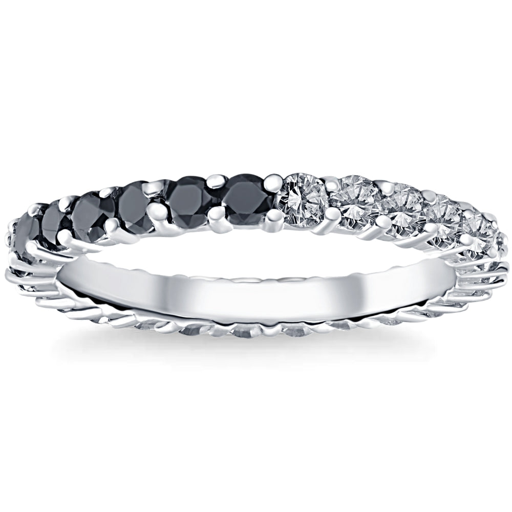 1 1/4 ct Black & White Diamond Eternity Stackable Wedding Ring 10k White Gold