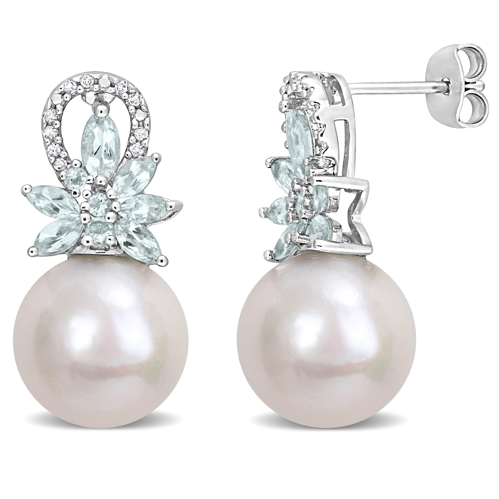 11-12mm Cultured Freshwater Pearl and 1 1/5ct TW Aquamarine and 1/10ct TW Diamond Flower Drop Earrings in Sterling Silver