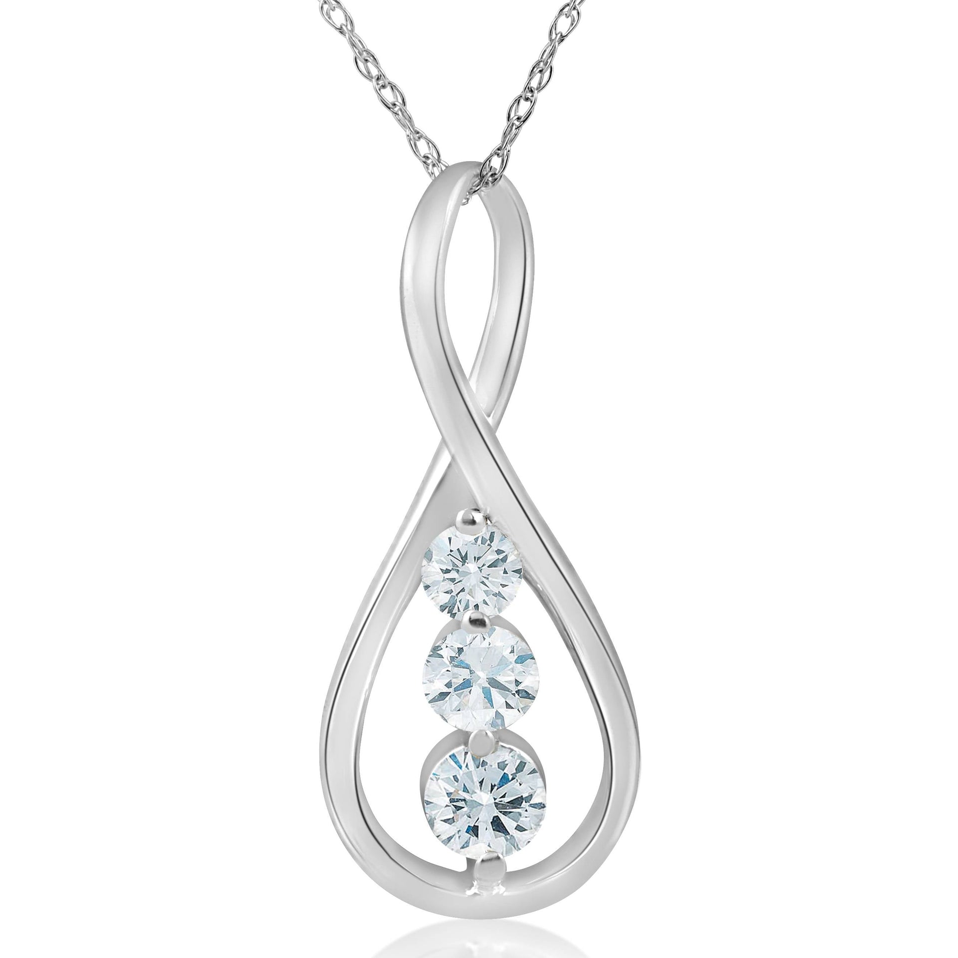 1/2 CT 3-Stone Diamond Infinity Pendant 14k White Gold 1' Tall