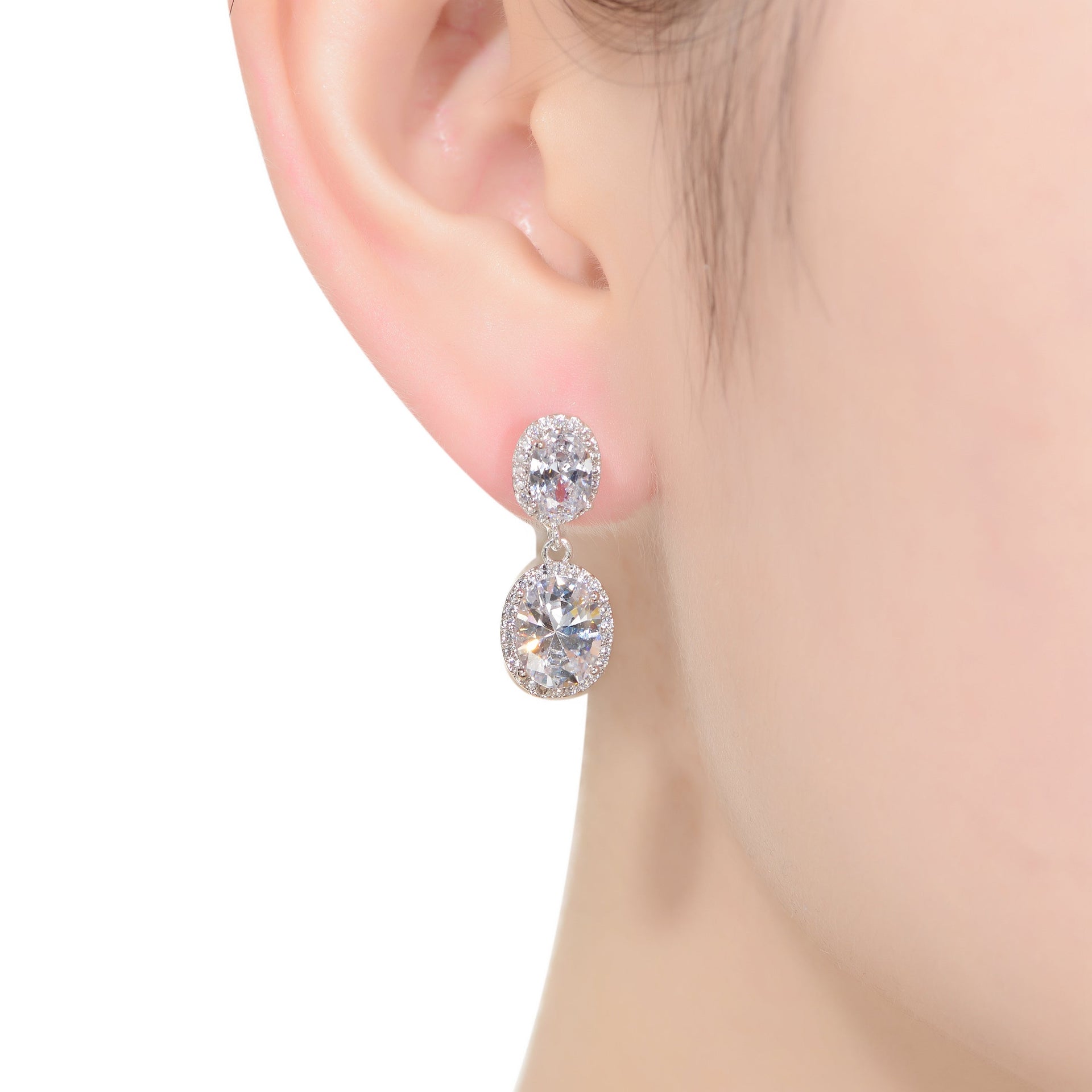 Sterling Silver With Rhodium Plated Two Clear Oval With Round Cubic Zirconia Halo Drop Earrings