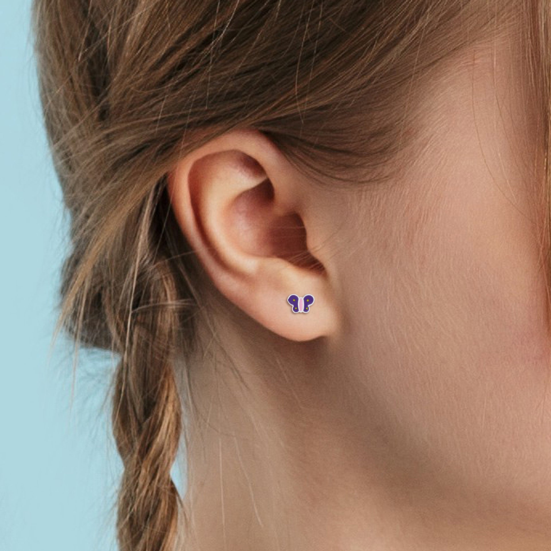 Mimi & Max Purple and Pink Enamel Butterfly Stud Earrings in Sterling Silver