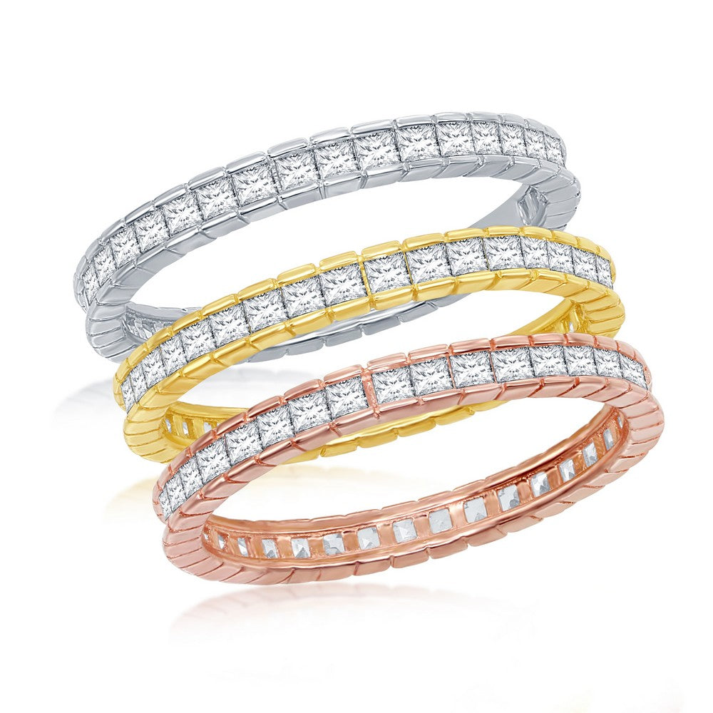 Sterling Silver Tri-Color Channel-Set Baguette CZ Eternity Triple Band Ring