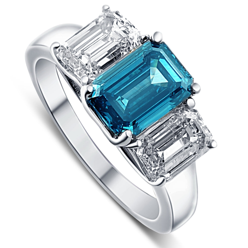 4.50Ct Blue & White Emerald Cut Engagement Ring 14k White Gold Lab Grown