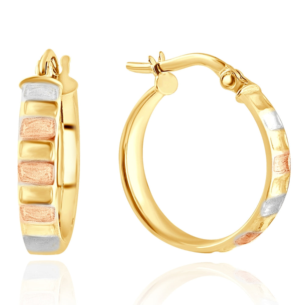 14k Yellow Gold 4mm Small Tri-Color Hoops Women's Earrings 3/4' Tall 1.35grams