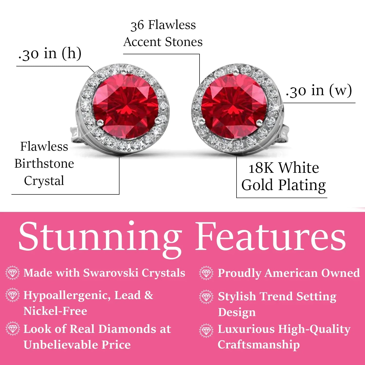 Royal 18k White Gold Plated July Birthstone Halo Earrings with Round Cut Ruby Red Swarovski Crystals
