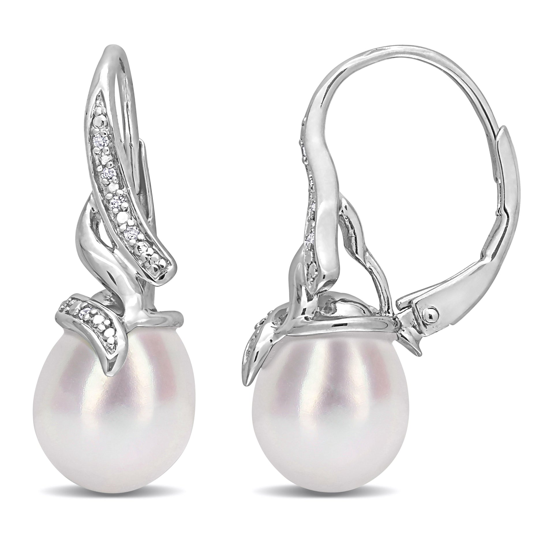 9-9.5mm White Cultured Freshwater Pearl and Diamond Twist Earrings in Sterling Silver