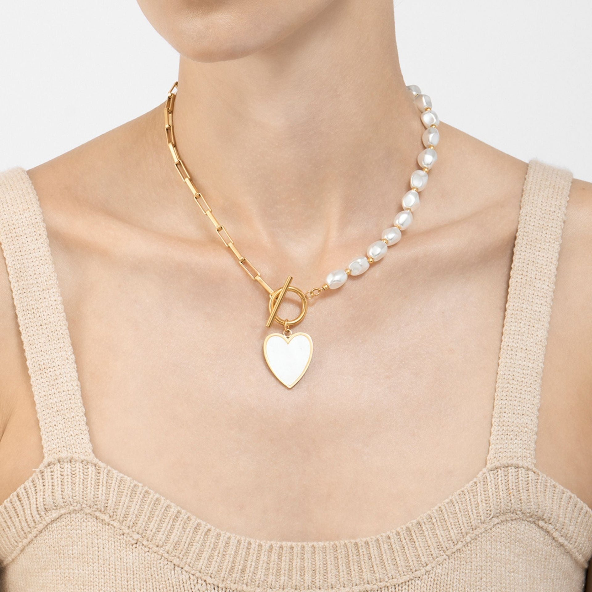 Adornia Pearl and Chain Heart Toggle Necklace