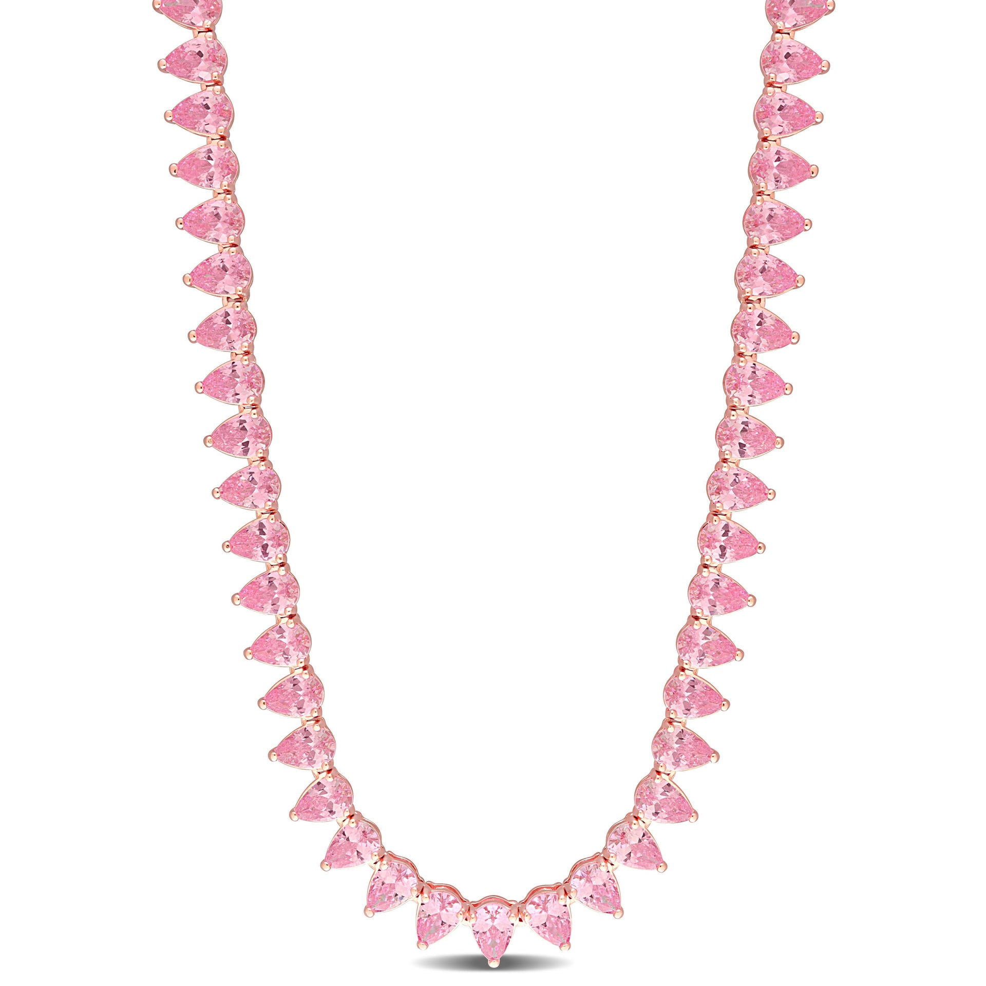 44 1/2 CT TGW Created Pink Sapphire Tennis Necklace in Rose Plated Sterling Silver