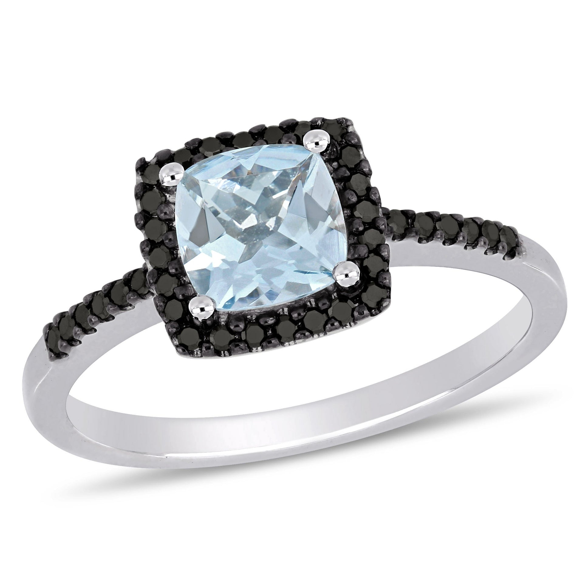 4/5ct TW Cushion-Cut Aquamarine with 1/7ct TW Black Diamond Halo Ring in 10k White Gold