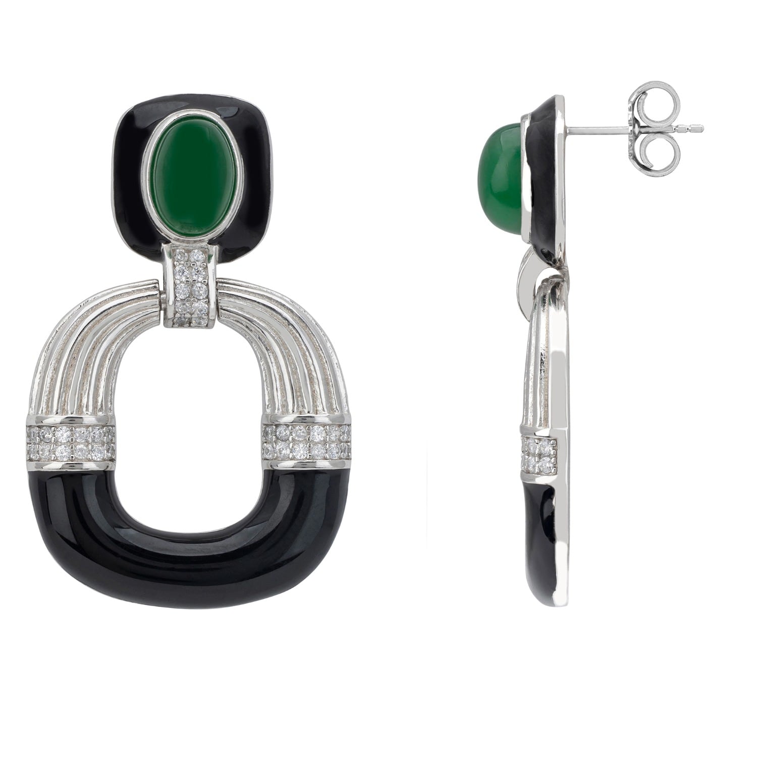 Deco Darling Drop Earrings Green Enamel Silver