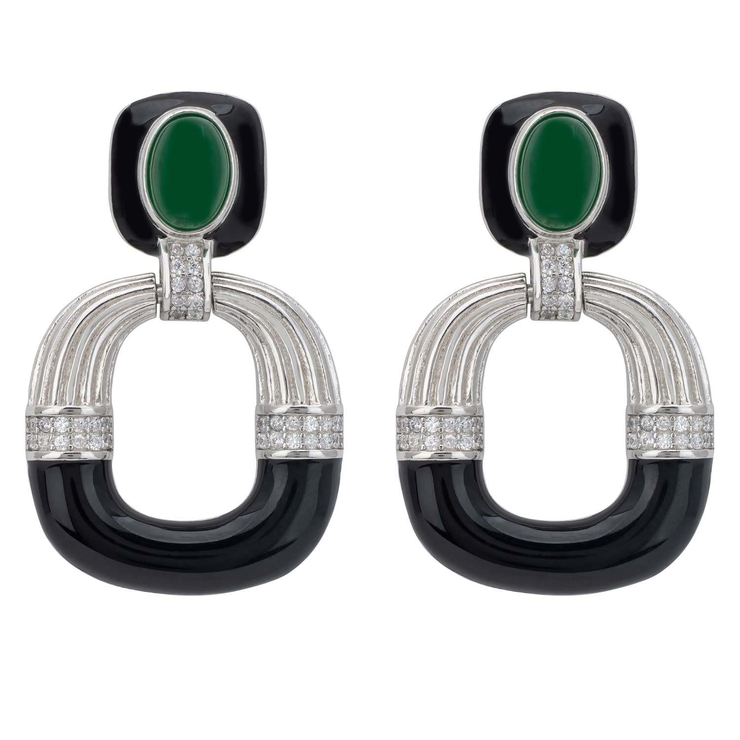 Deco Darling Drop Earrings Green Enamel Silver