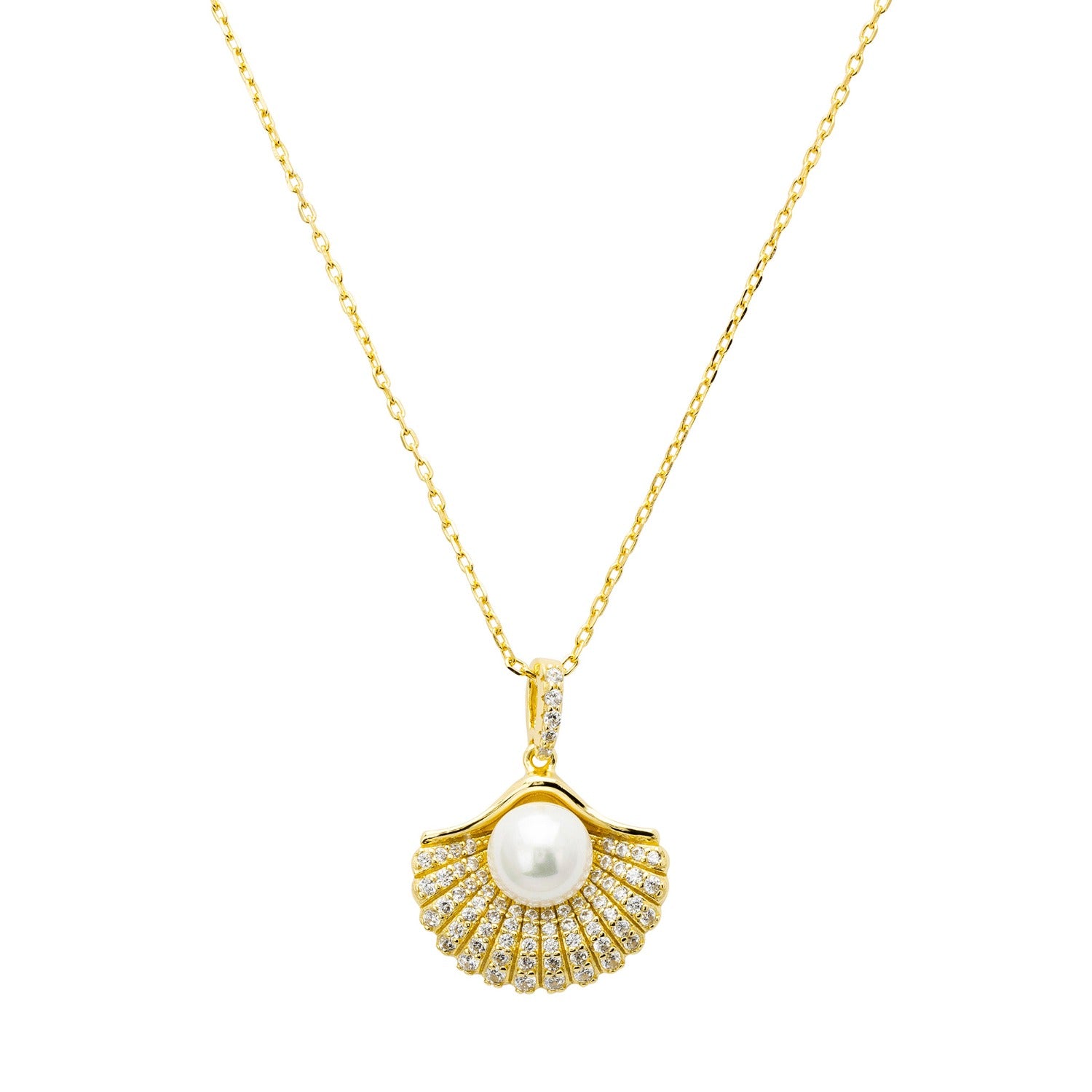 Deco Fan And Pearl Pendant Necklace Gold