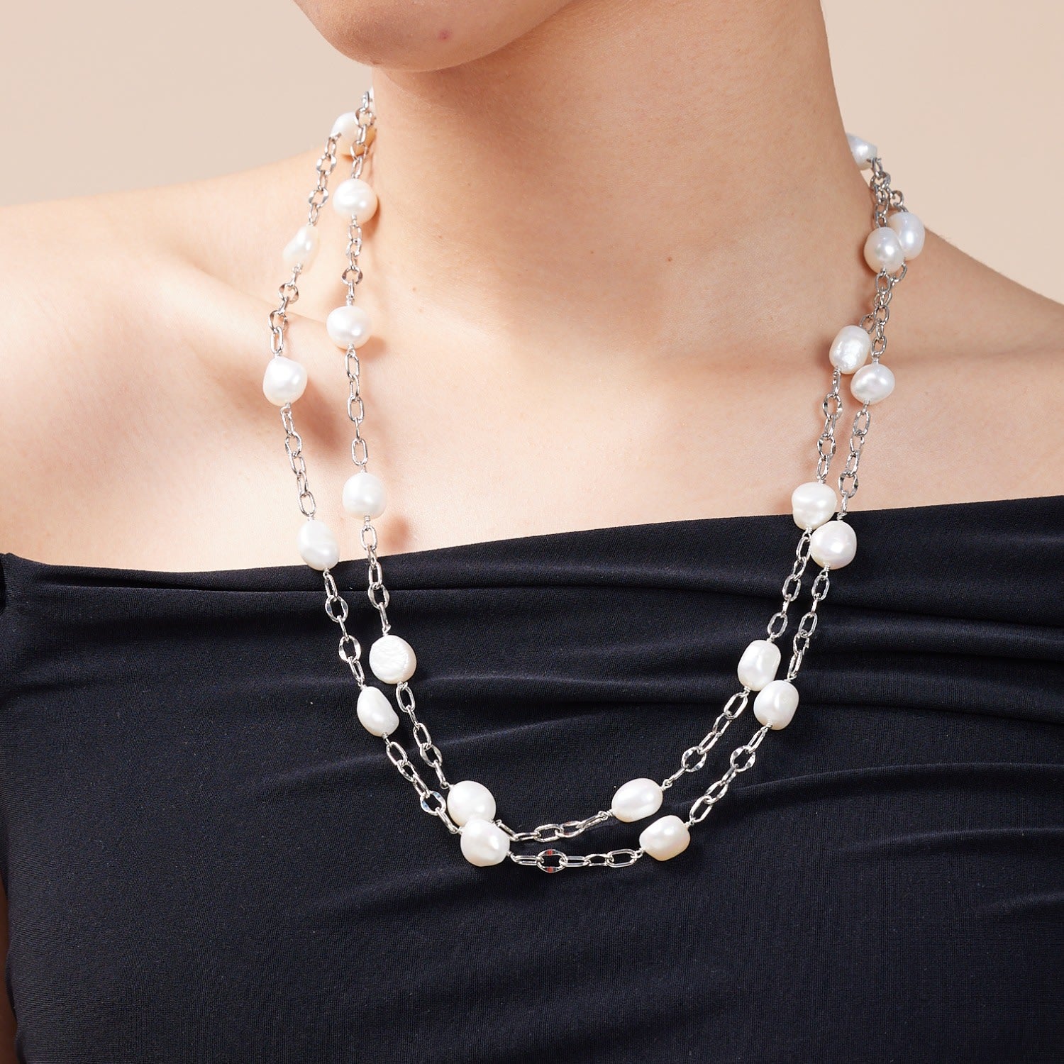 Decus Cultured Irregular Freshwater Pearls Long Chain Silver Necklace