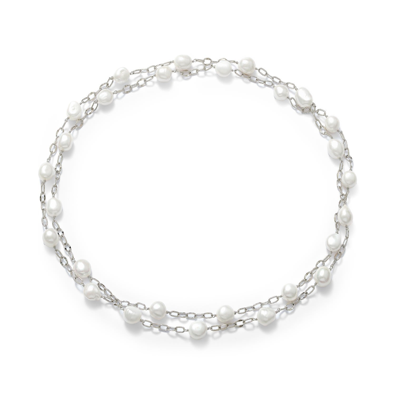 Decus Cultured Irregular Freshwater Pearls Long Chain Silver Necklace