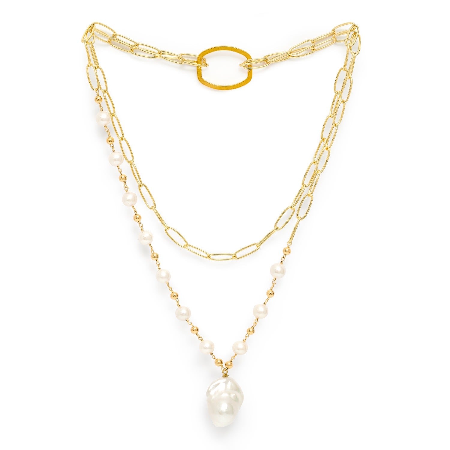 Decus Large Baroque Cultured Freshwater Pearl Drop On Long Gold Chain
