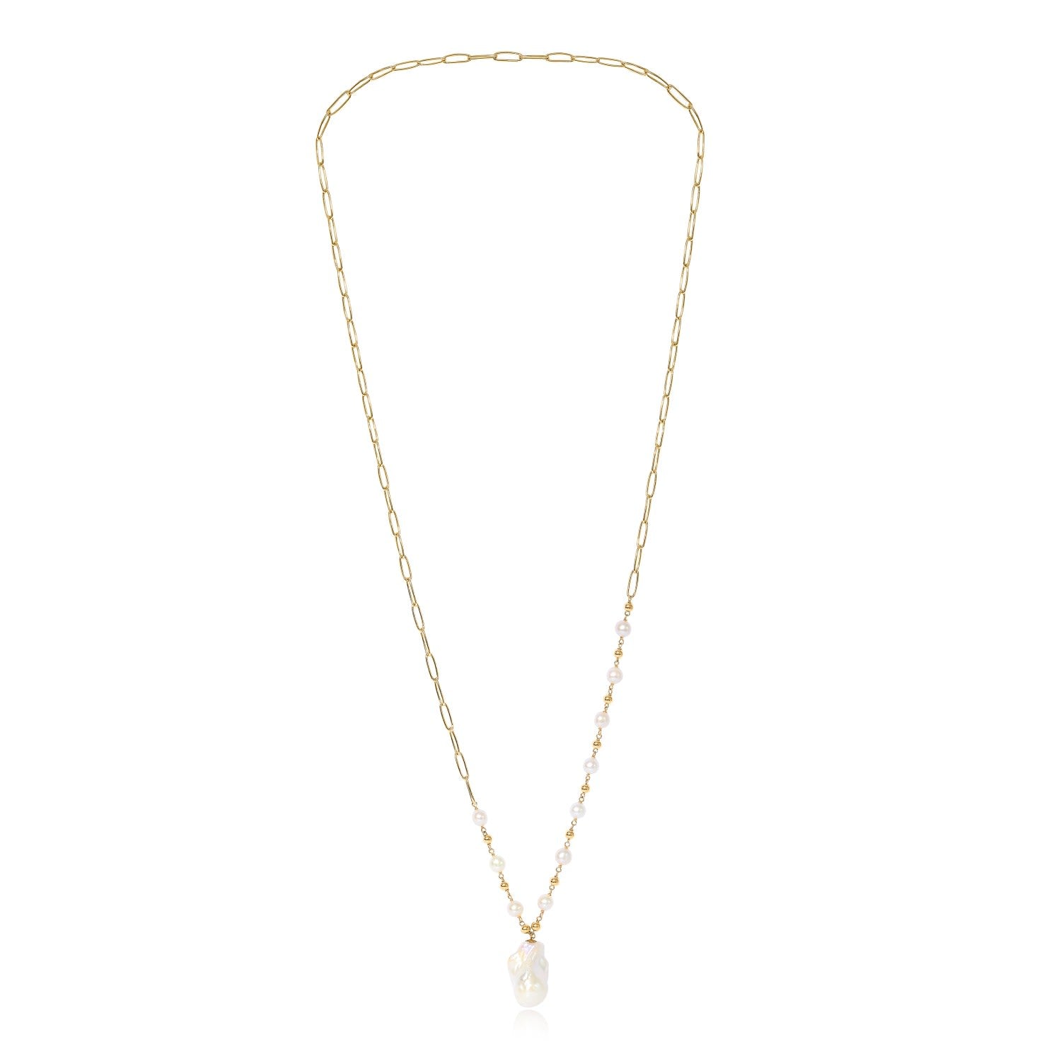 Decus Large Baroque Cultured Freshwater Pearl Drop On Long Gold Chain