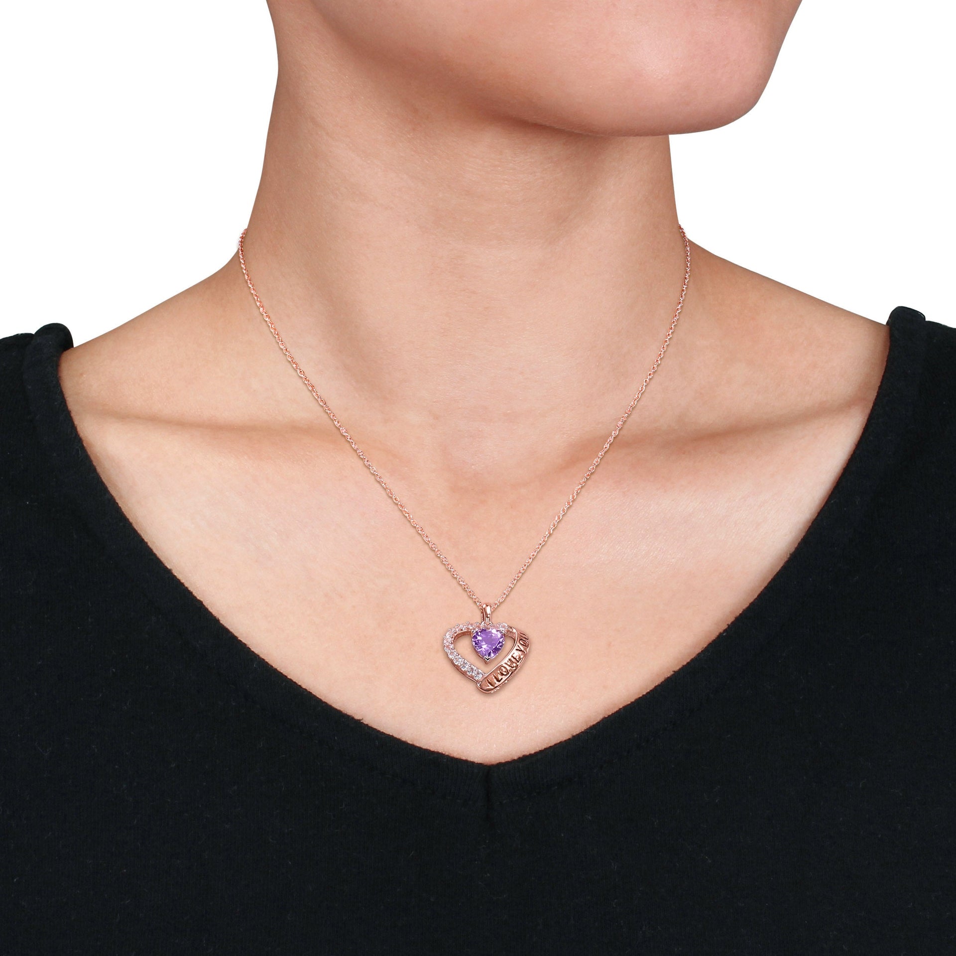 Mimi & Max 1 5/8 CT TGW Amethyst and White Topaz Heart 'I Love You' Pendant with Chain in Rose Plated Sterling Silver