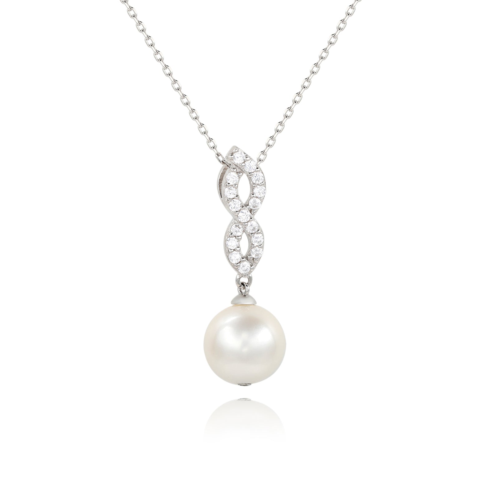 Suzy Levian Sterling Silver Pearl and White Sapphire Infinity Pendant