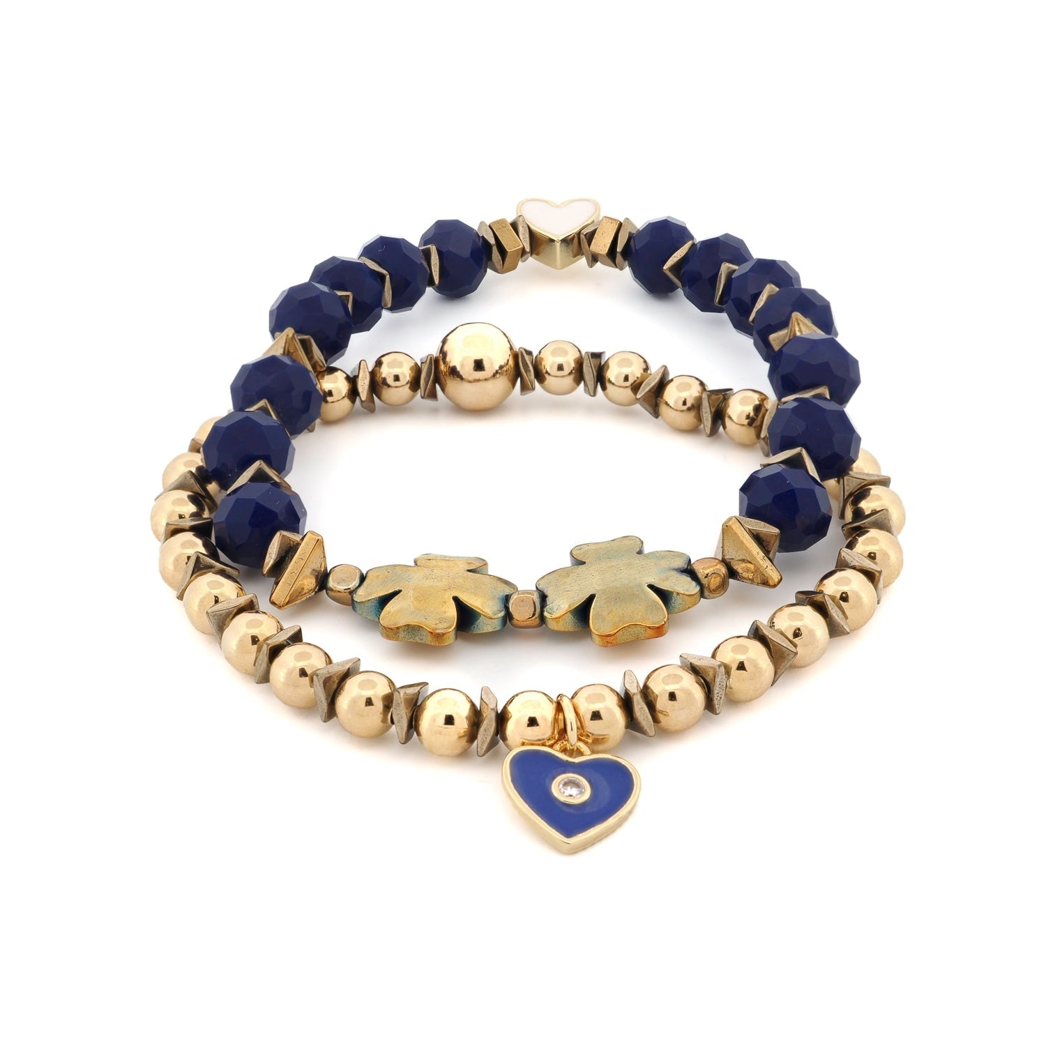 Deep Love Blue Crystal & Heart Charm Gold Bracelet Set - Blue