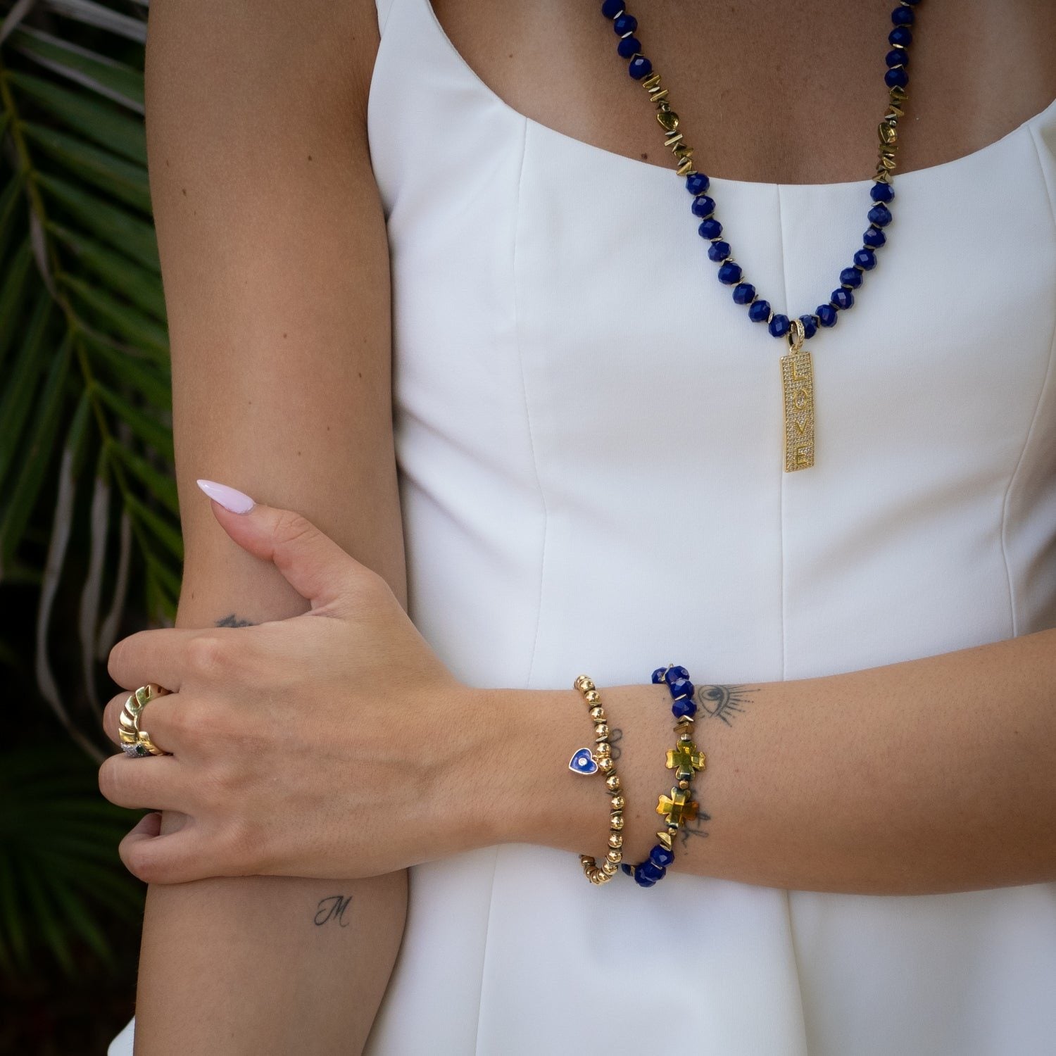 Deep Love Blue Crystal & Heart Charm Gold Bracelet Set - Blue