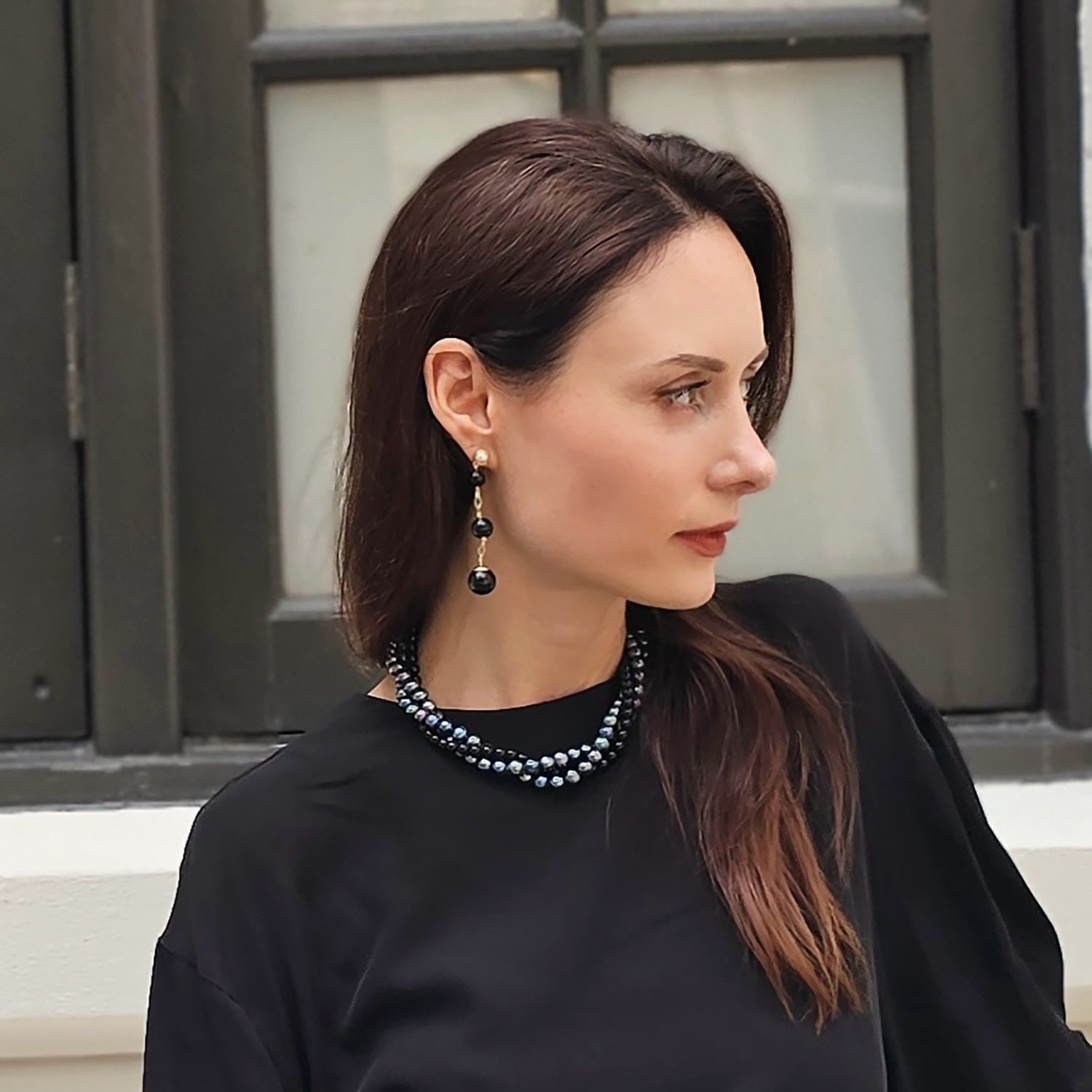 Deep Purple Pearls With Black Obsidian Twisted Necklace