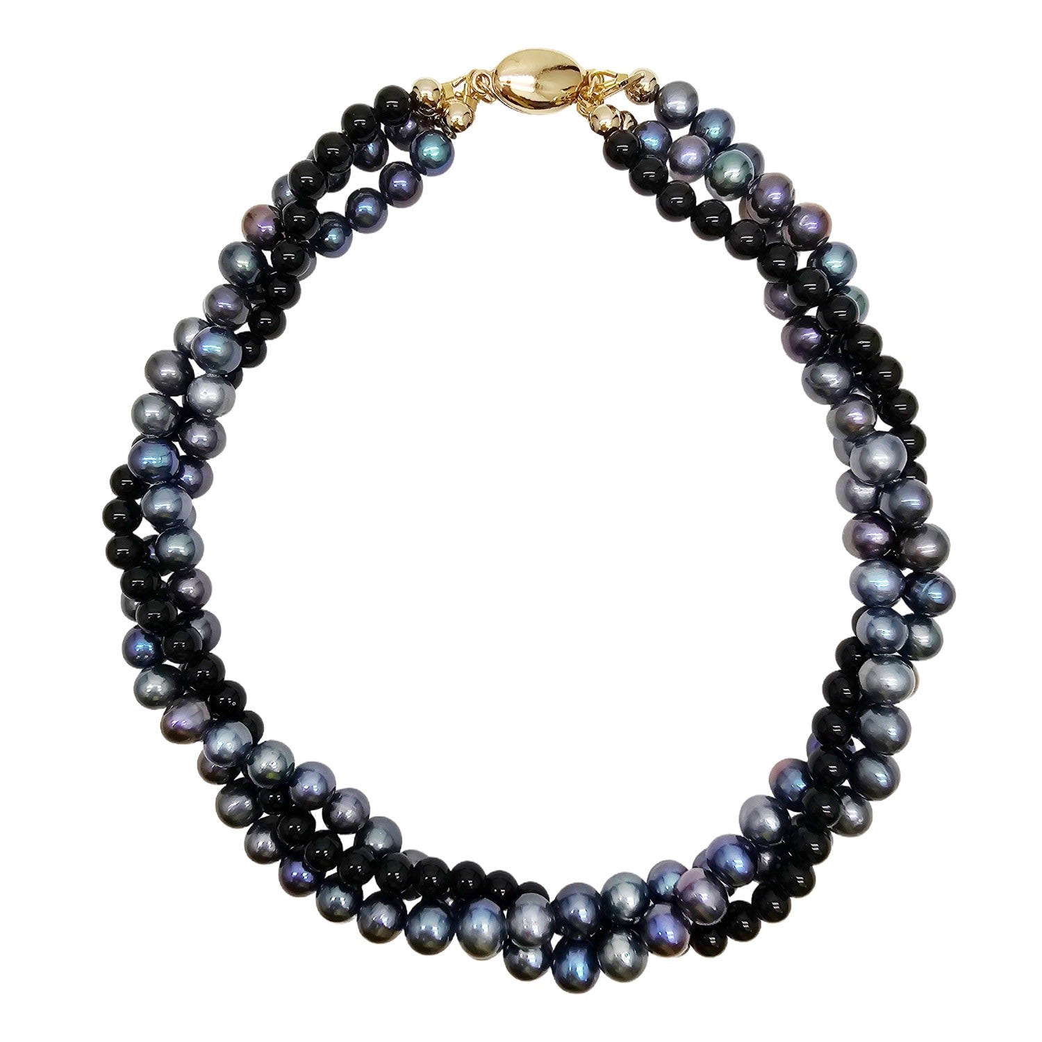 Deep Purple Pearls With Black Obsidian Twisted Necklace