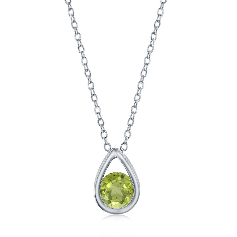Sterling Silver Pearshaped Necklace w/Round 'August Birthstone' Gem- Peridot