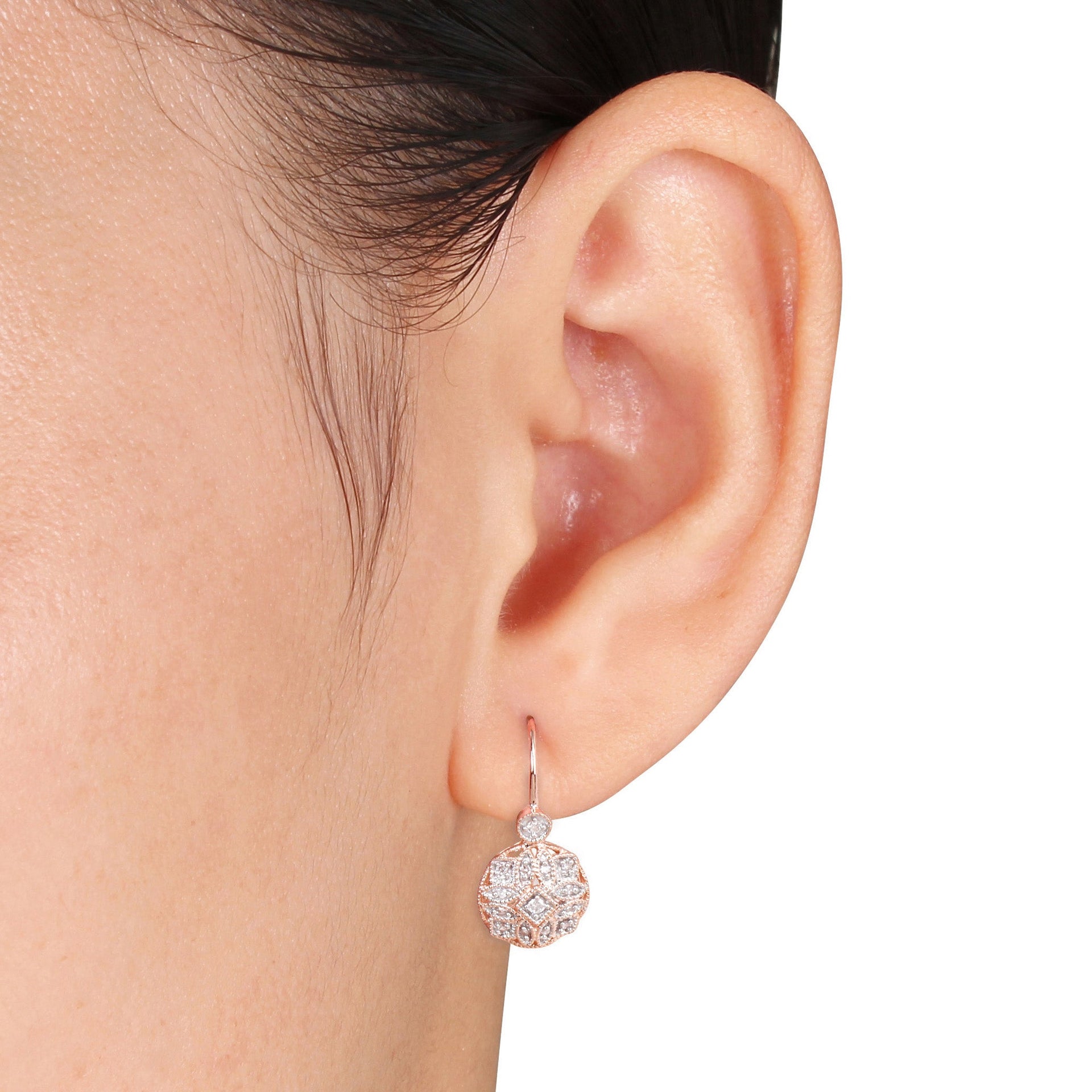 1/8 ct TW Diamond Vintage Leverback Earrings 14k Rose Gold