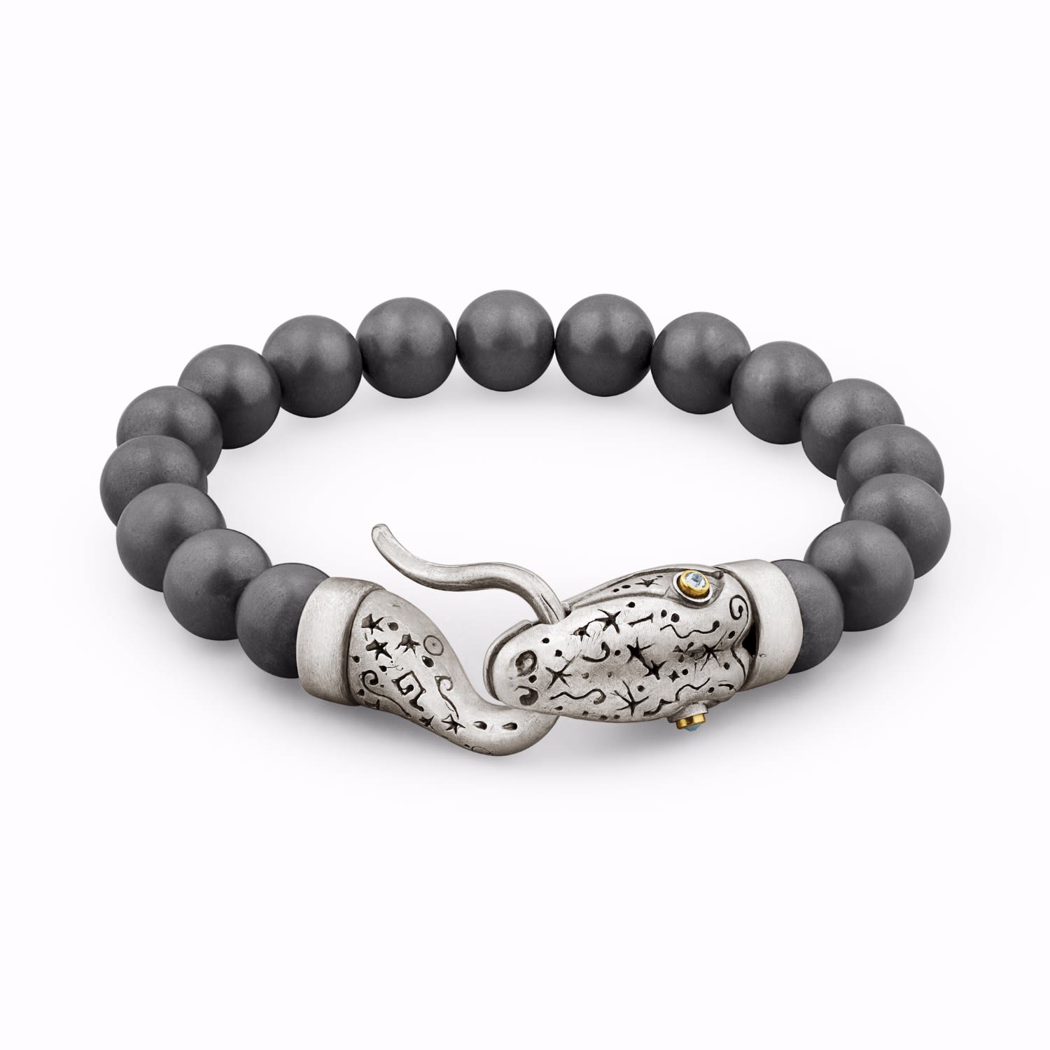 Snake Bracelet With Hematite Beads In Silver Gold & Diamonds