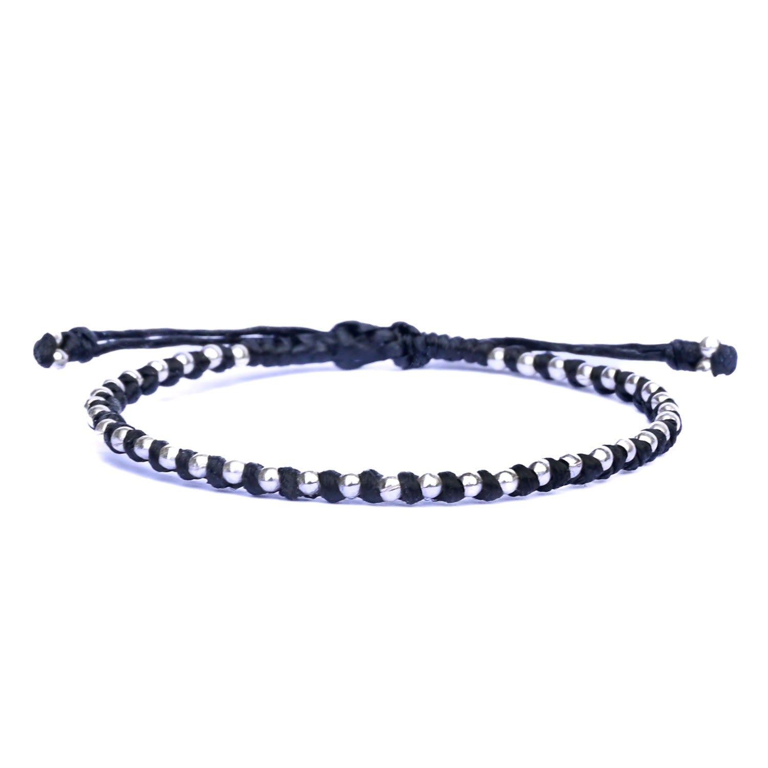 Delicate Handmade Black Friendship Bracelet With Tiny Silver Beads - Spitafields