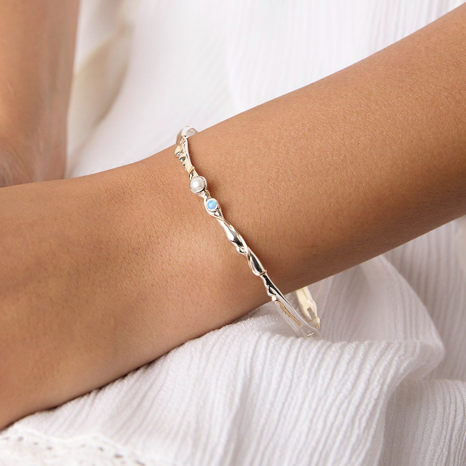 Delicate Opal & Freshwater Pearl Bangle