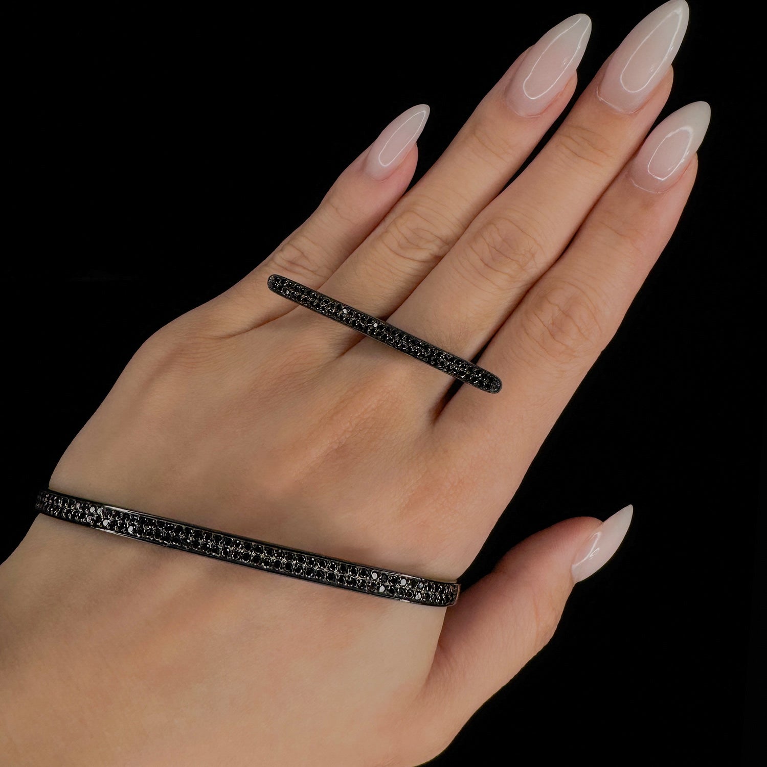 Destiny Palm Cuff With Man Made Black Diamonds In Black Rhodium