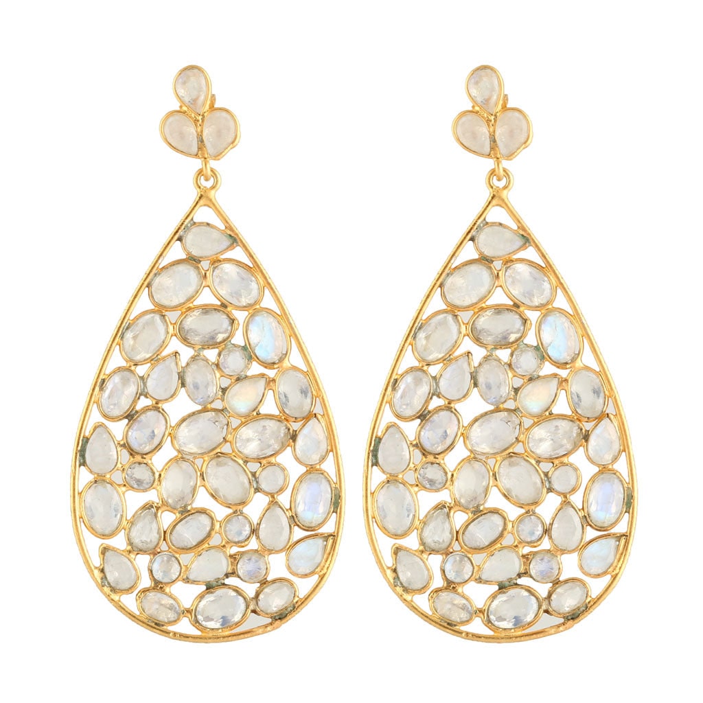 Dew Drop Jali Earrings - Rainbow Moonstones