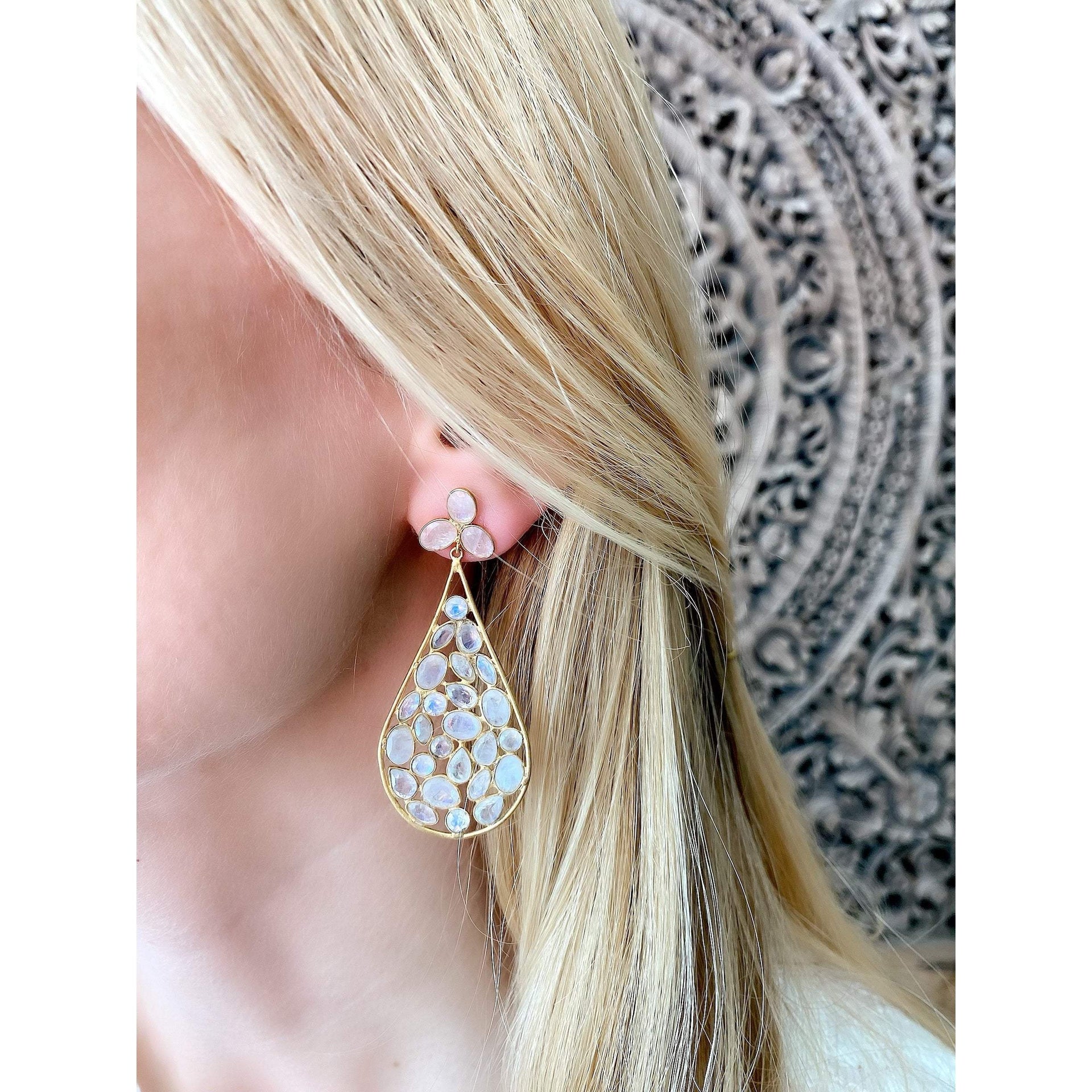 Dew Drop Jali Earrings - Rainbow Moonstones