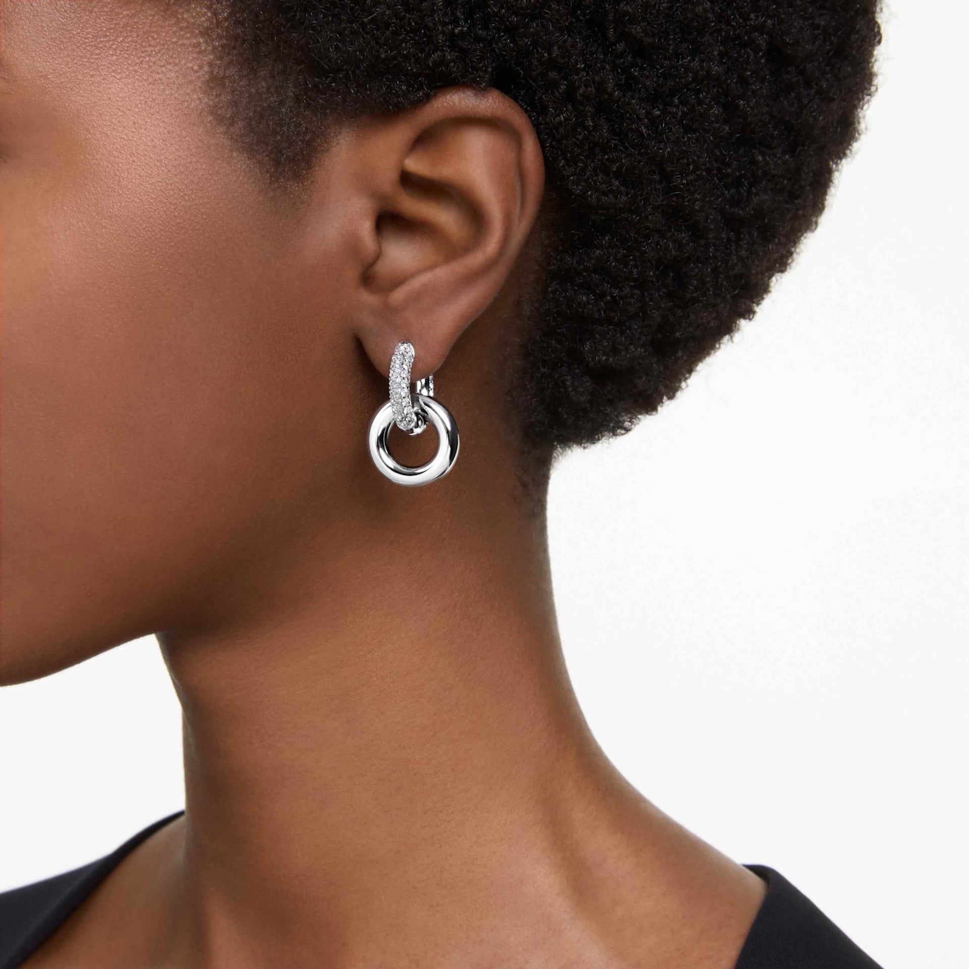 DEXTERA HOOP EARRINGS ASYMMETRICAL DESIGN INTERLOCKING LOOP WHITE RHODIUM PLATED