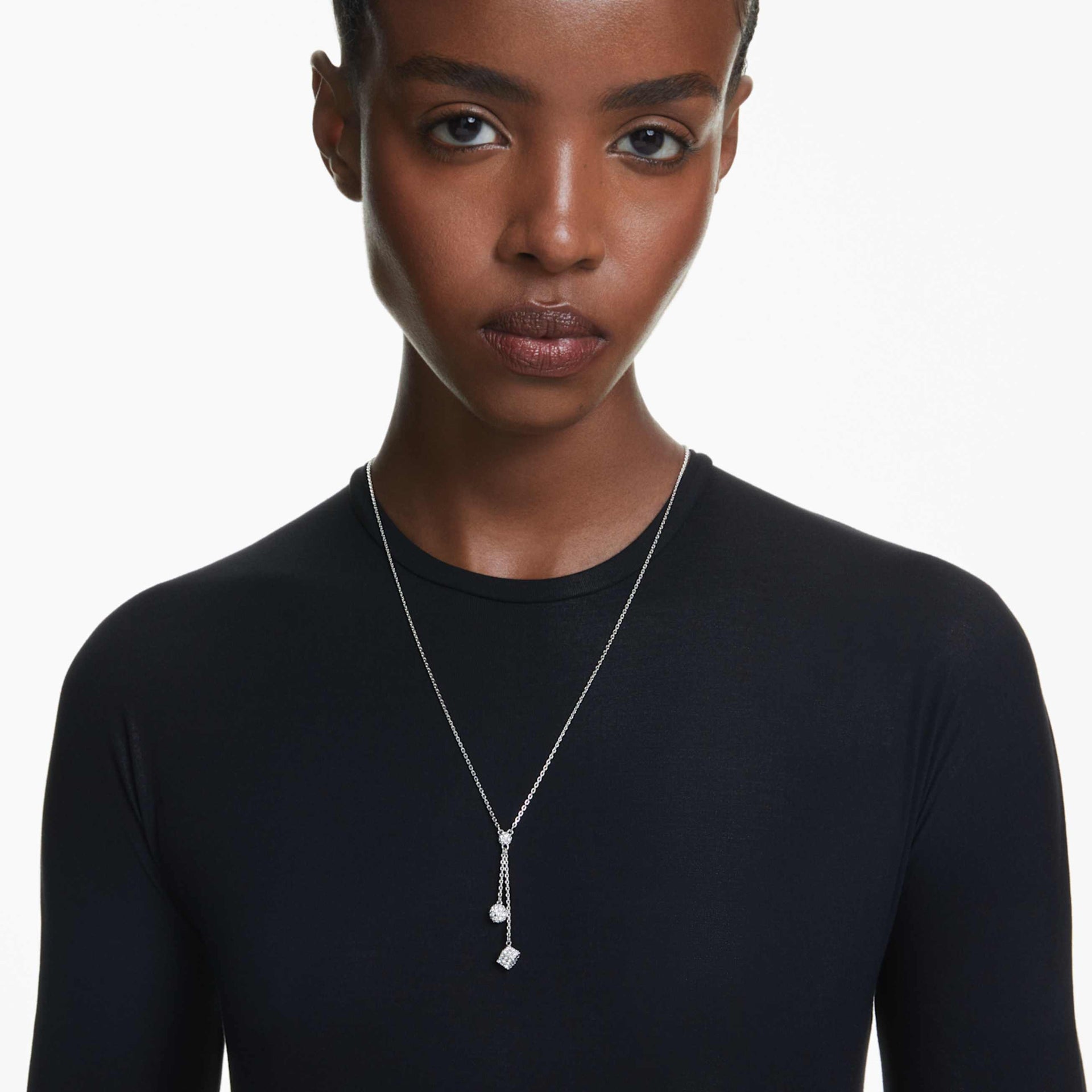 DEXTERA Y PENDANT ROUND CUT SPHERE AND CUBE WHITE RHODIUM PLATED