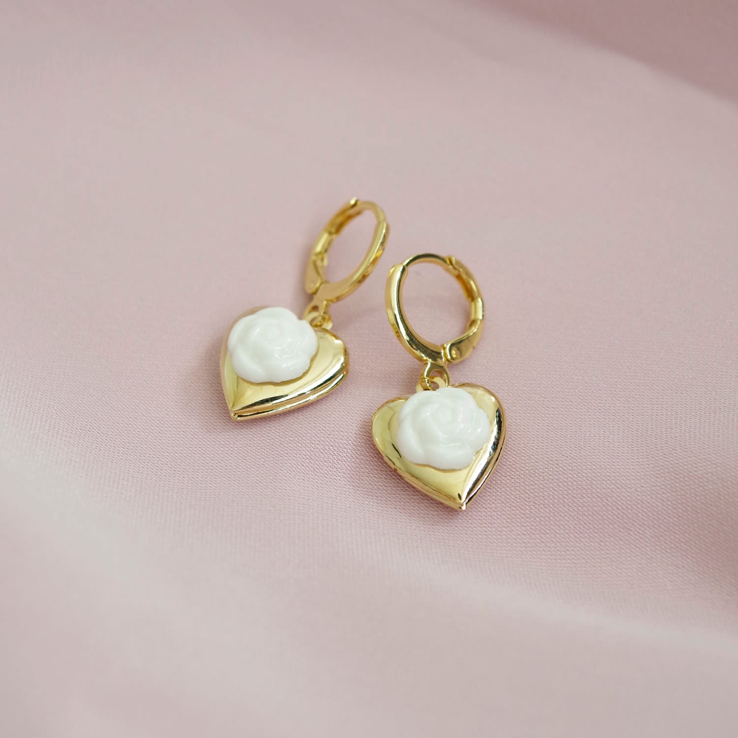 Mini Camellia Heart Locket Earrings