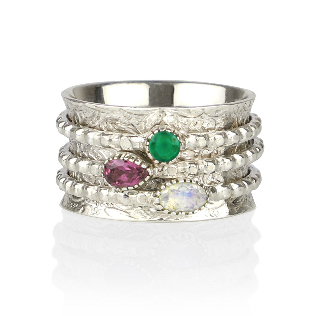 Ananda Silver Spinning Ring - Green Onyx, Moonstone And Rhodolite Garnet