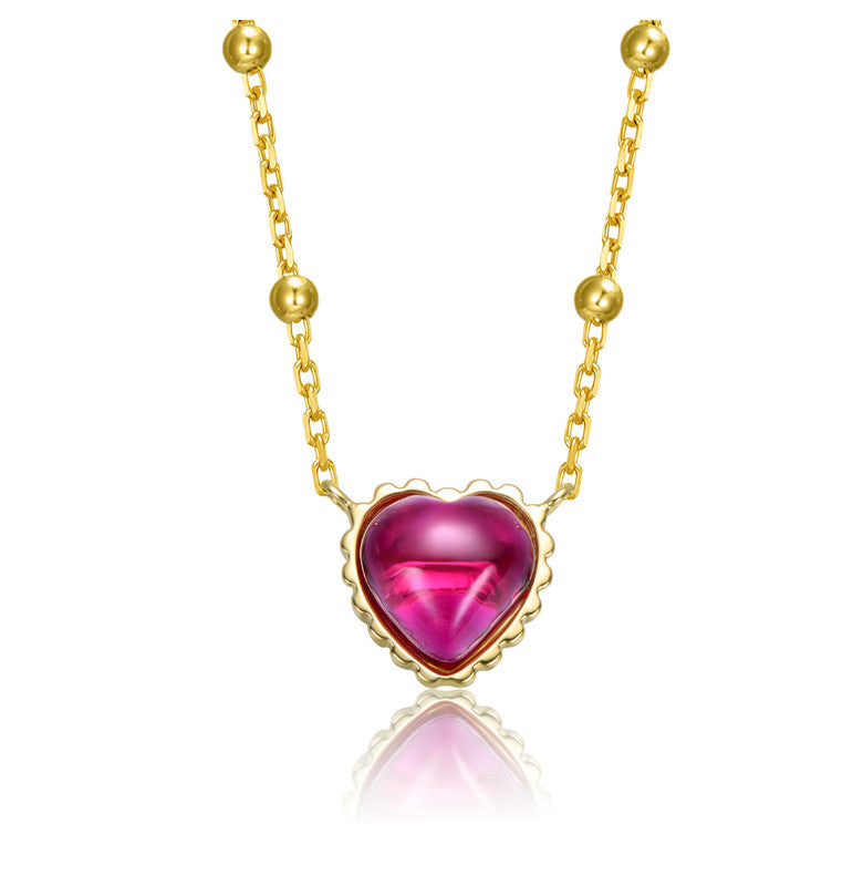 Sterling Silver 14k Gold Plated With Ruby Red Heart Cubic Zirconia Solitaire Necklace For Teens