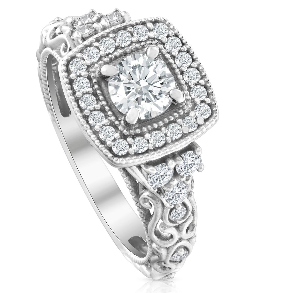 1CT Cushion Halo Round Diamond Vintage Engagement Ring 14K White Gold