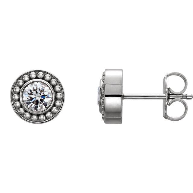 .55CT Diamond Bezel Studs Vintage Milgrain Accent 14K White Gold