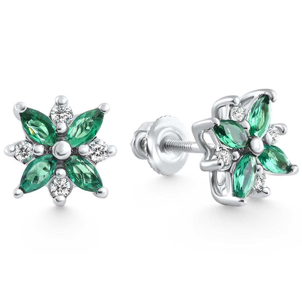 .60Ct Petal Green Emerald Diamond Earrings 14k White Gold Lab Grown Screw Back