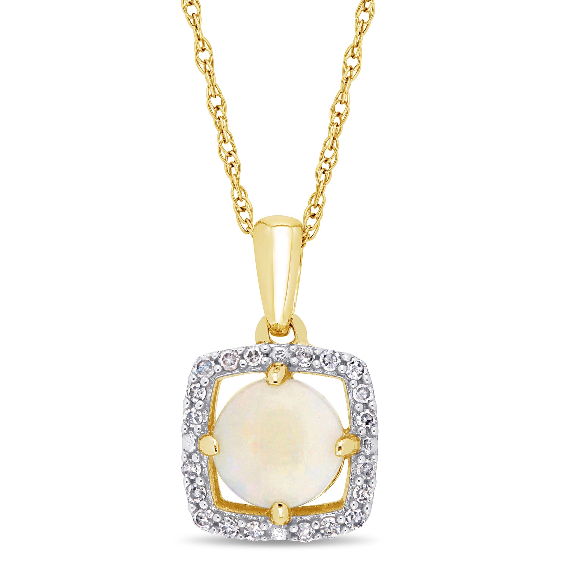 Opal and 1/10 CT TW Diamond Floating Square Halo Necklace in 10K Yellow Gold