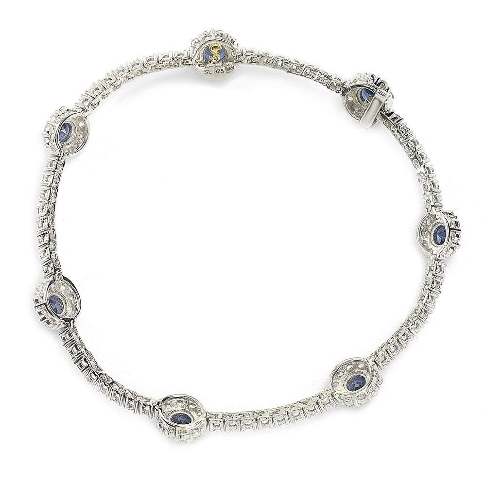 Suzy Levian Sterling Silver Sapphire and Diamond Accent Flower Tennis Bracelet - Blue