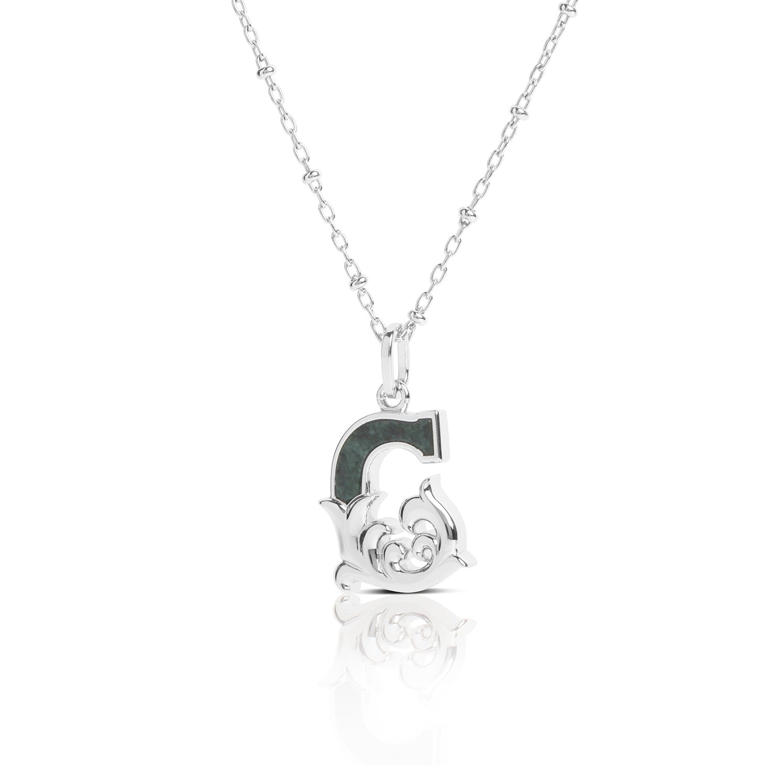 Solid Silver G Initial Necklace With Green Marble